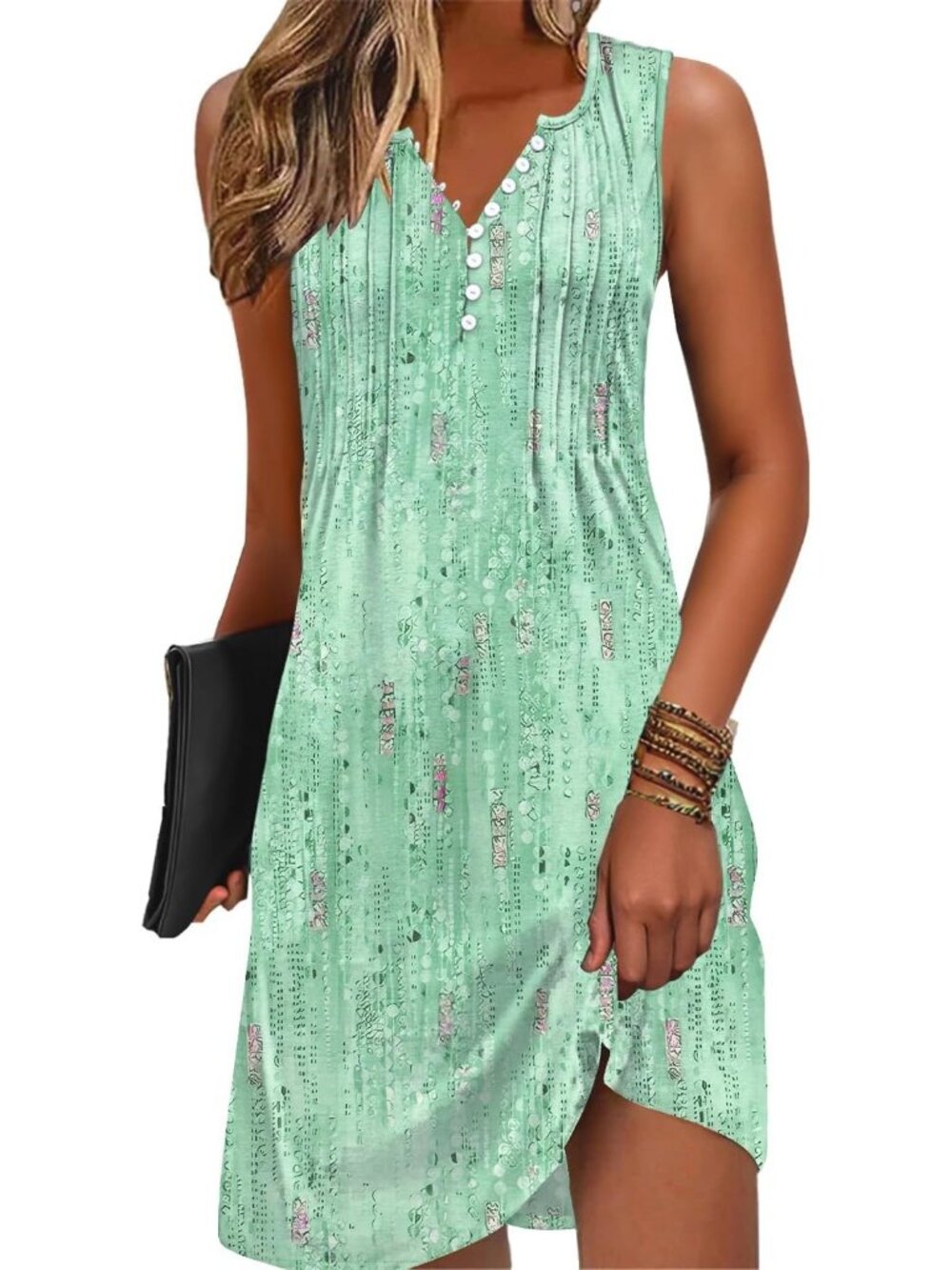 Women's Dew Drop Green Swim Cover up V-Neck Summer Button Sleeveless Mini Dress